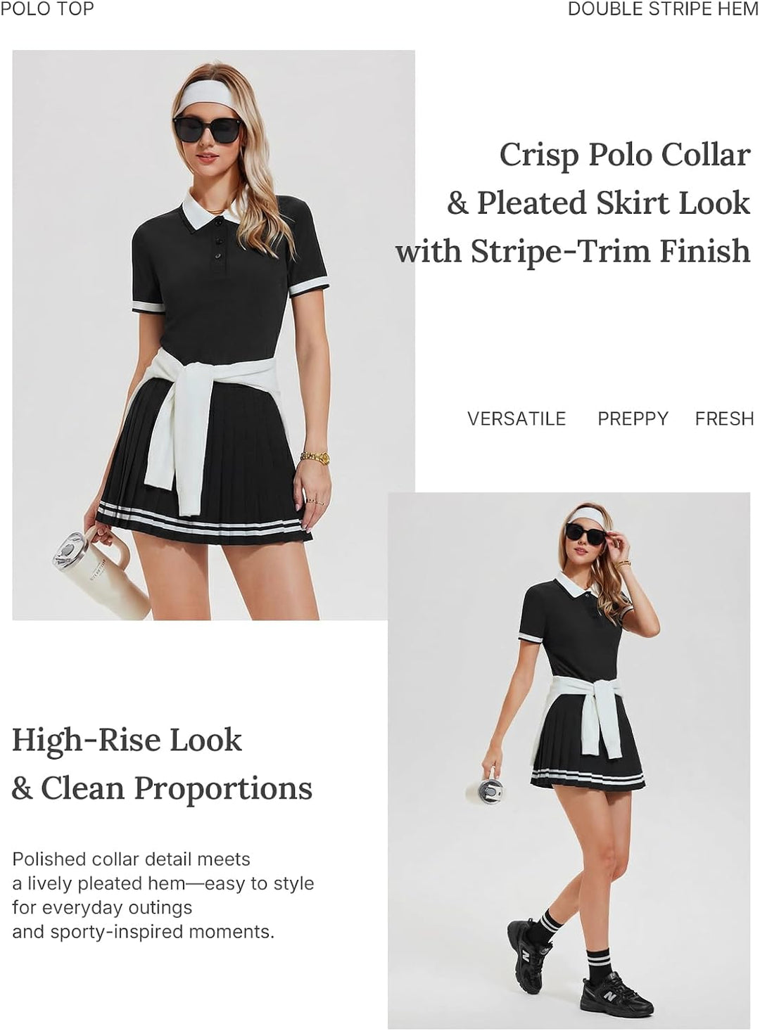 Womens 2 Piece Tennis Skirt Set Polo Pleated Skort with Pockets Golf Pickleball Badminton Athletic Workout Outfit