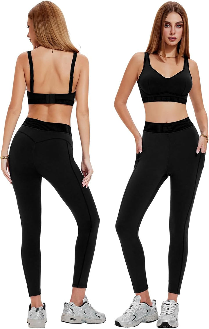 Workout Sets for Women 2 Piece Matching Set Sport Plunge V Neck Bra Legging with Pockets Gym Travel Outfits Yoga Athletic