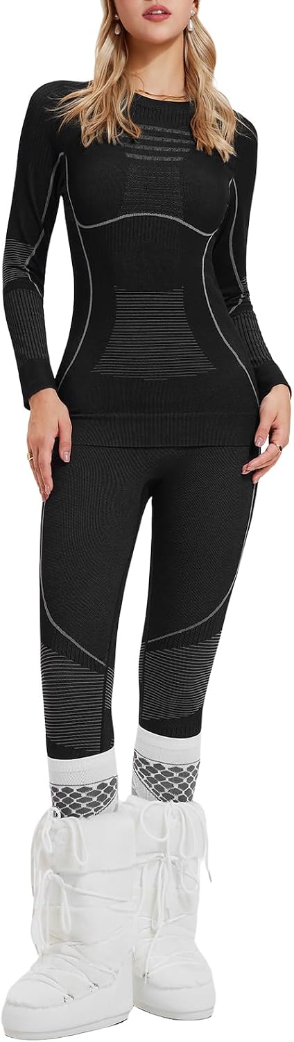 Two Piece 7% Merino Wool Blend Base Layer Set Thermal Underwear Skiing Cold Weather Quick-Dry Moisture Wicking Breathable