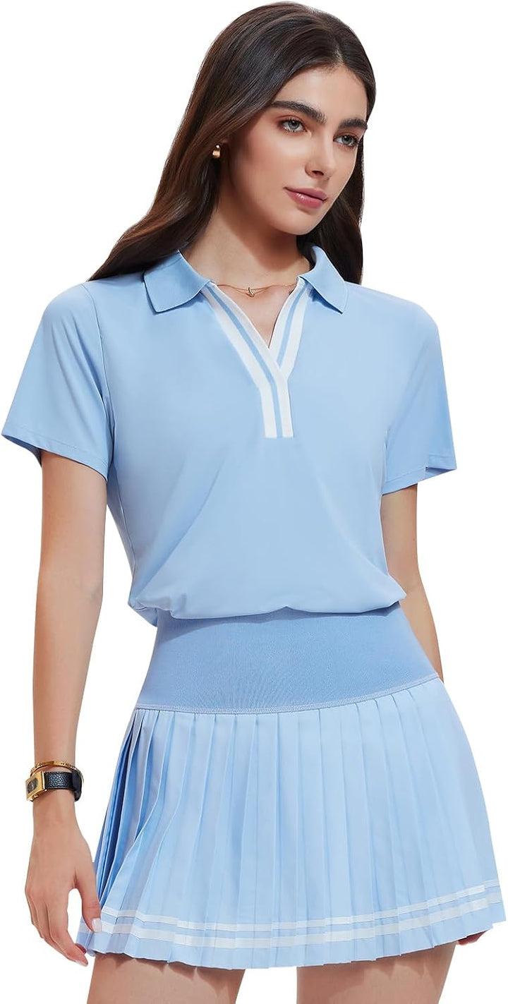 Women 2 Piece Tennis Skirt Set Pleated Golf Outfit, Polo V-Neck Athletic Dress Alternative Skort Set for Pickleball Pockets
