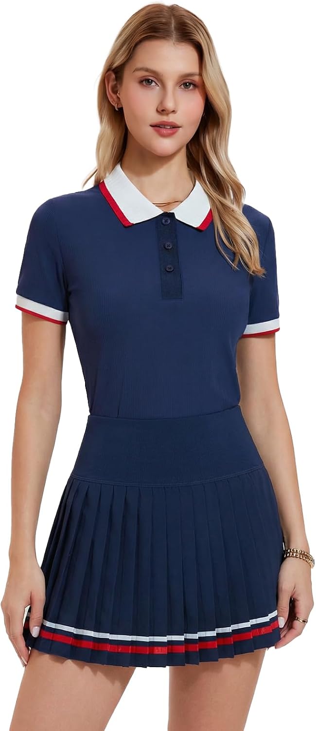 Womens 2 Piece Tennis Skirt Set Polo Pleated Skort with Pockets Golf Pickleball Badminton Athletic Workout Outfit