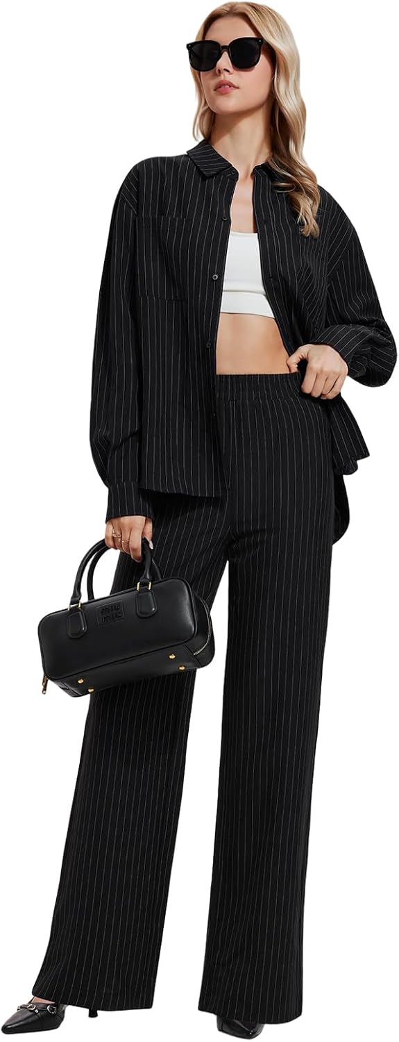 Women’s 2 Piece Pinstripe Oversized Button Down Blouse &amp; Straight Leg Pants Travel Casual Workwear Lightweight Breathable