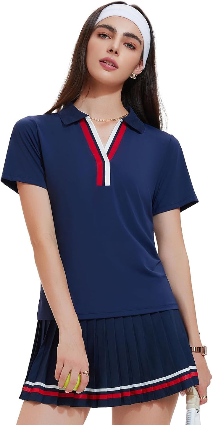 Women 2 Piece Tennis Skirt Set Pleated Golf Outfit, Polo V-Neck Athletic Dress Alternative Skort Set for Pickleball Pockets