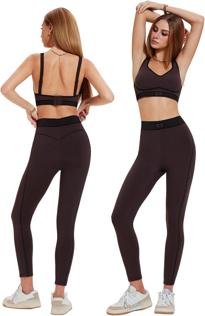 Workout Sets for Women 2 Piece Matching Set Sport Plunge V Neck Bra Legging with Pockets Gym Travel Outfits Yoga Athletic