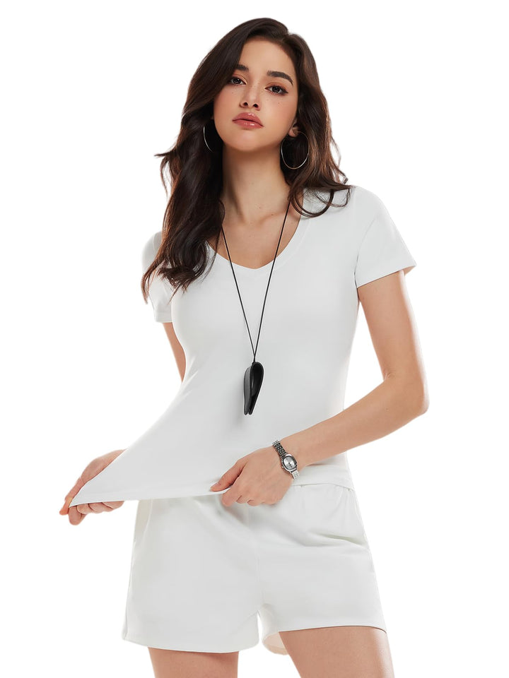 V Neck Compression Shirt Women Workout Tops Short Sleeve Basic Tees