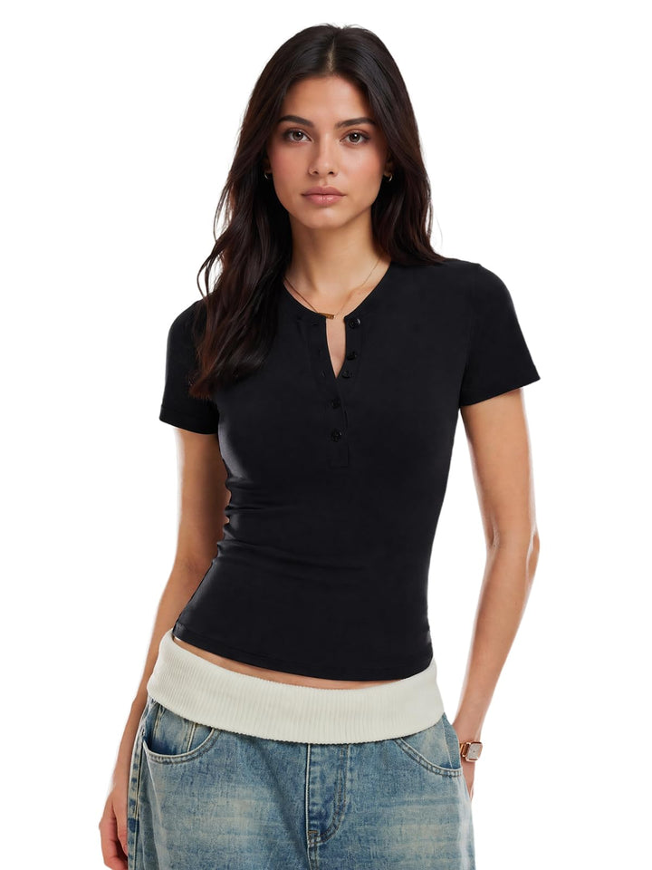 Henley Compression Shirt Women Short Sleeve Workout Tops