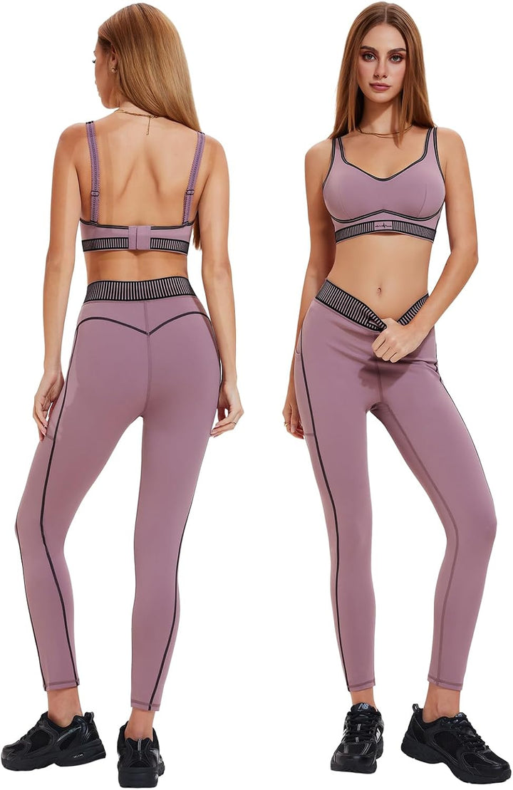 Workout Sets for Women 2 Piece Matching Set Sport Plunge V Neck Bra Legging with Pockets Gym Travel Outfits Yoga Athletic