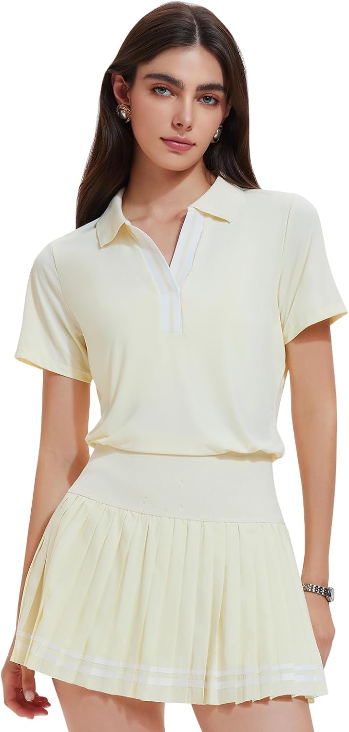 Women 2 Piece Tennis Skirt Set Pleated Golf Outfit, Polo V-Neck Athletic Dress Alternative Skort Set for Pickleball Pockets