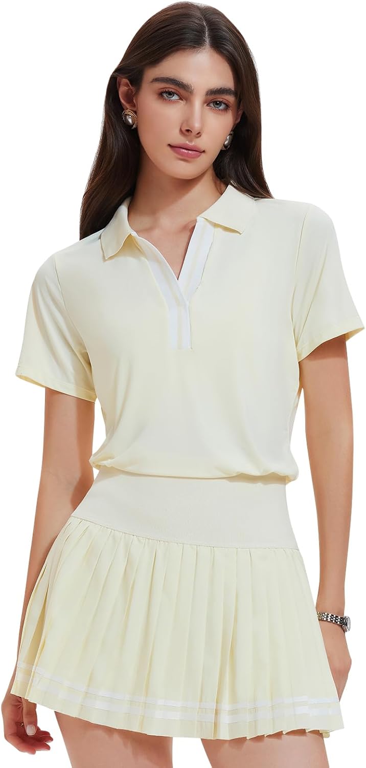 Women 2 Piece Tennis Skirt Set Pleated Golf Outfit, Polo V-Neck Athletic Dress Alternative Skort Set for Pickleball Pockets