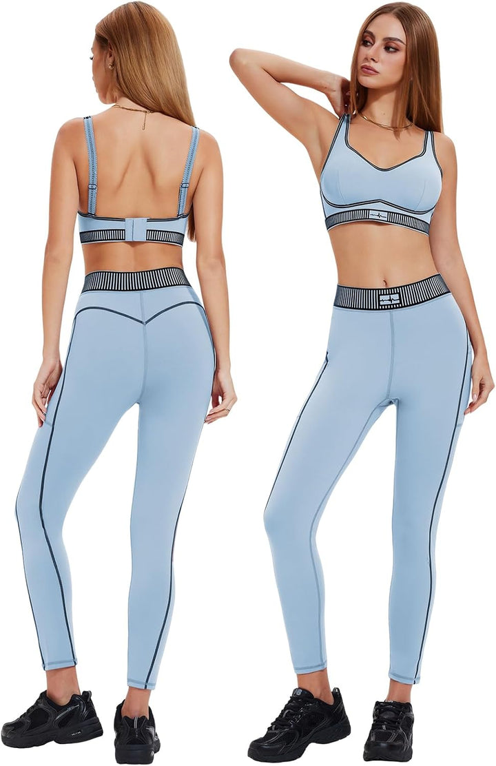 Workout Sets for Women 2 Piece Matching Set Sport Plunge V Neck Bra Legging with Pockets Gym Travel Outfits Yoga Athletic