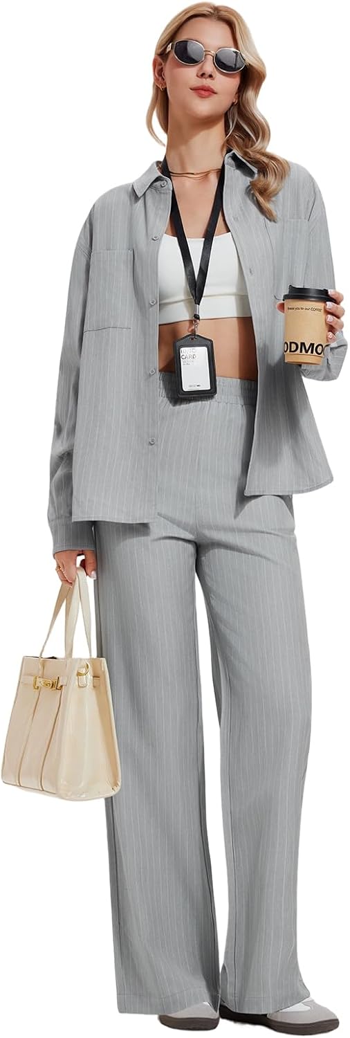 Women’s 2 Piece Pinstripe Oversized Button Down Blouse &amp; Straight Leg Pants Travel Casual Workwear Lightweight Breathable