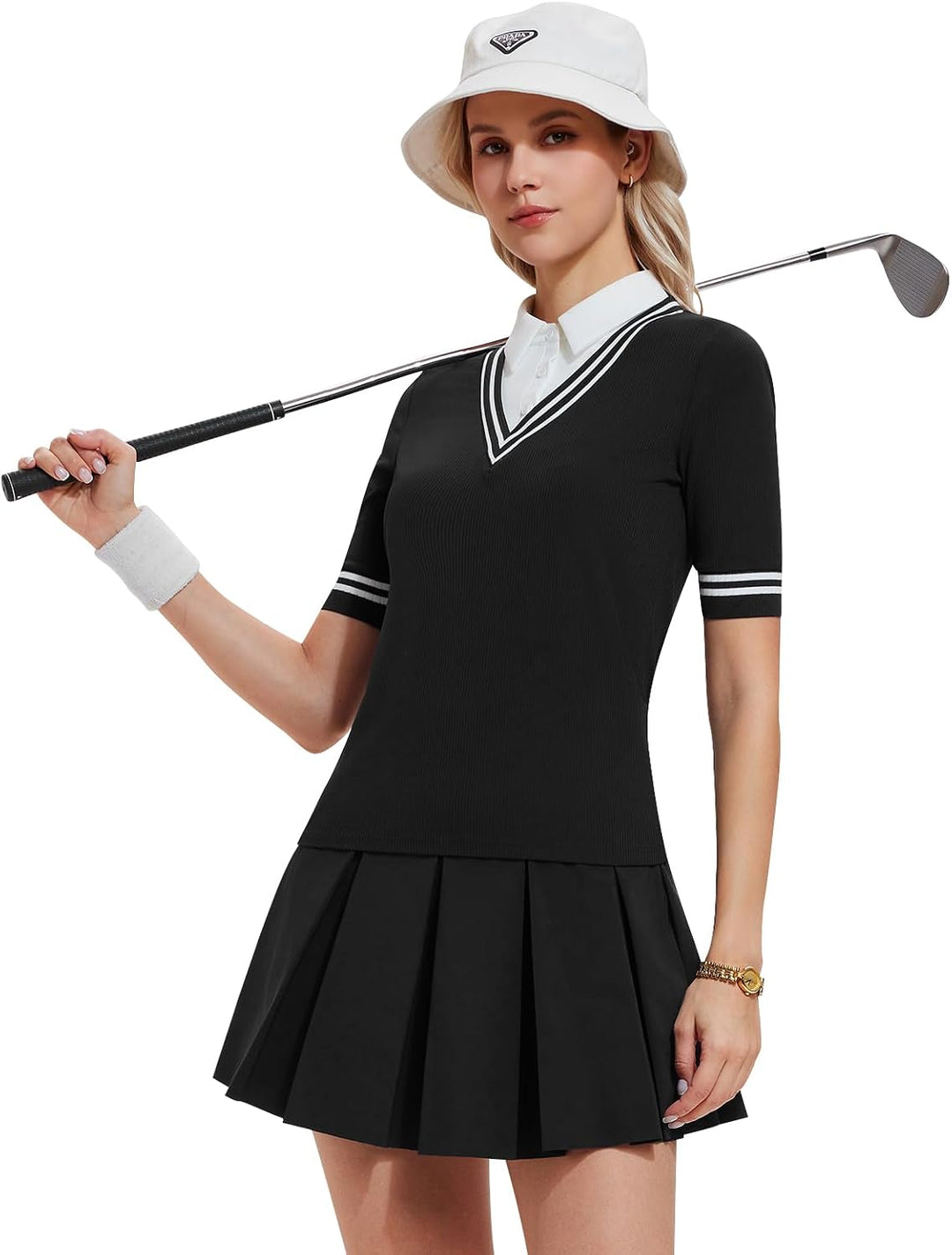 Women's 2 Piece Golf Outfit Set V-Neck Polo Shirt & High Waisted Pleated Tennis Skort with Pockets Preppy Activewear