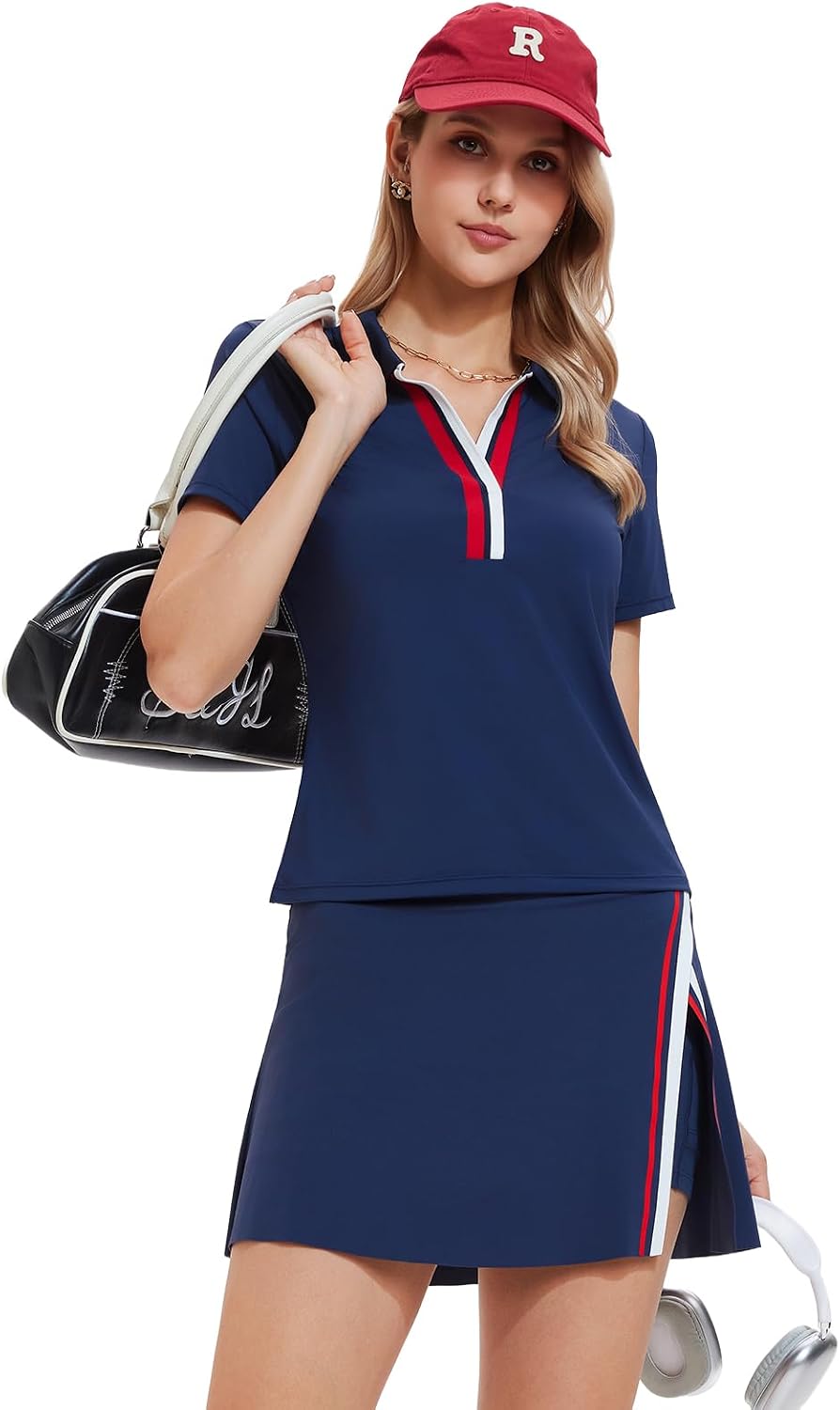 Women’s 2 Piece Tennis Skirt Set Colorblock V Neck Polo &amp; High Waisted Side Slit Skort Athletic Outfit for Pickleball Golf