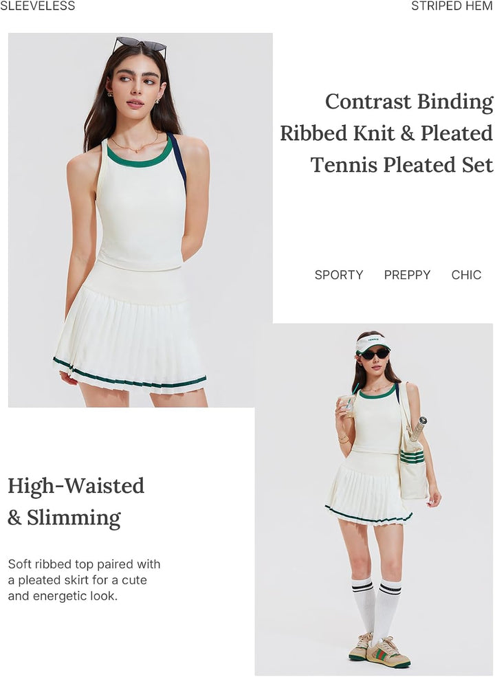 Tennis Skirt Set for Women 2 Piece Racerback Tank Top Golf Dress Activewear for Outfit Pickleball Athletic Workout