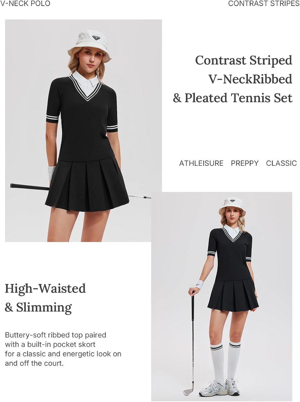 Women's 2 Piece Golf Outfit Set V-Neck Polo Shirt & High Waisted Pleated Tennis Skort with Pockets Preppy Activewear