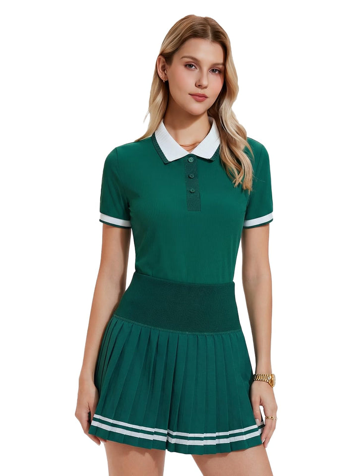 IUK Womens 2 Piece Tennis Skirt Set Polo Pleated Skort with Pockets Golf Pickleball Badminton Athletic Workout Outfit