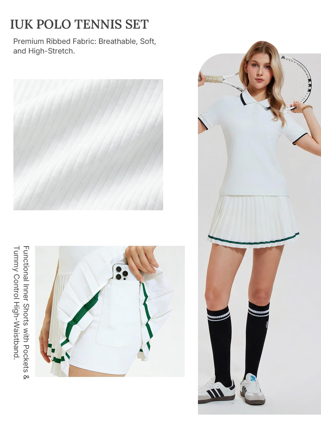 IUK Womens 2 Piece Tennis Skirt Set Polo Pleated Skort with Pockets Golf Pickleball Badminton Athletic Workout Outfit