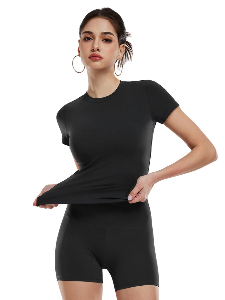 Women’s 2 Piece Workout Set, Slim Fit Crew Neck T Shirt &amp; High Waisted 4 Inch Athletic Shorts, Matching Activewear Outfit
