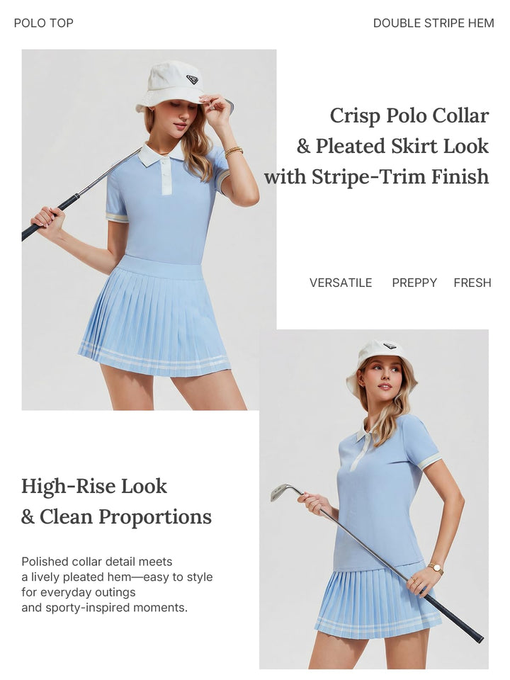 IUK Womens 2 Piece Tennis Skirt Set Polo Pleated Skort with Pockets Golf Pickleball Badminton Athletic Workout Outfit
