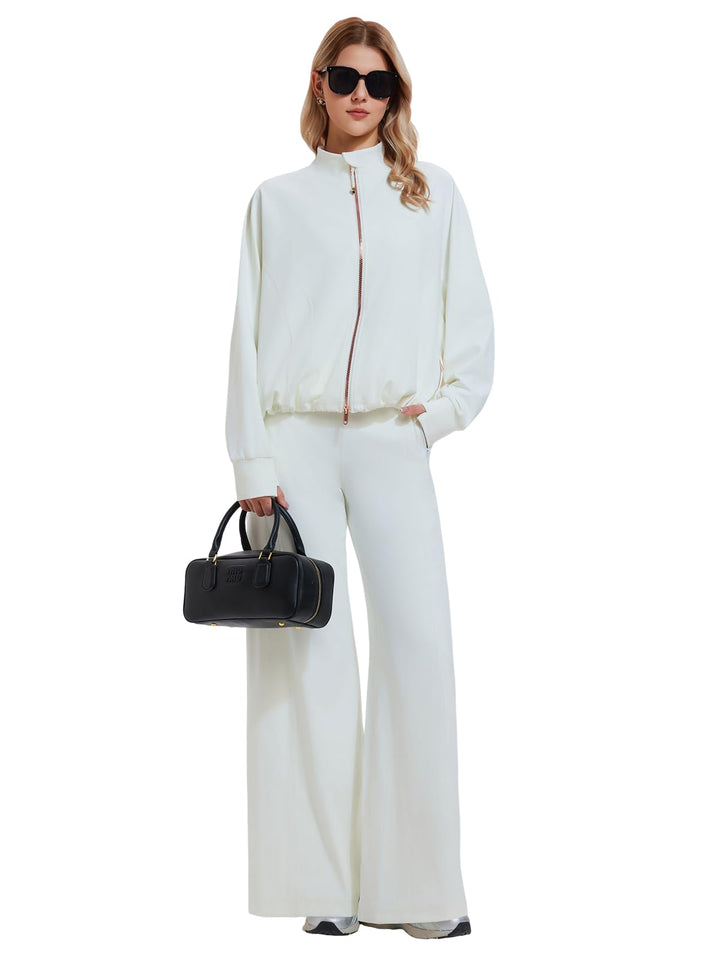 IUK Tall Women’s 2 Piece Athleisure Lounge Set, Oversized Zip Up Jacket &amp; High Waisted Wide Leg Pants, Matching Active Outfit