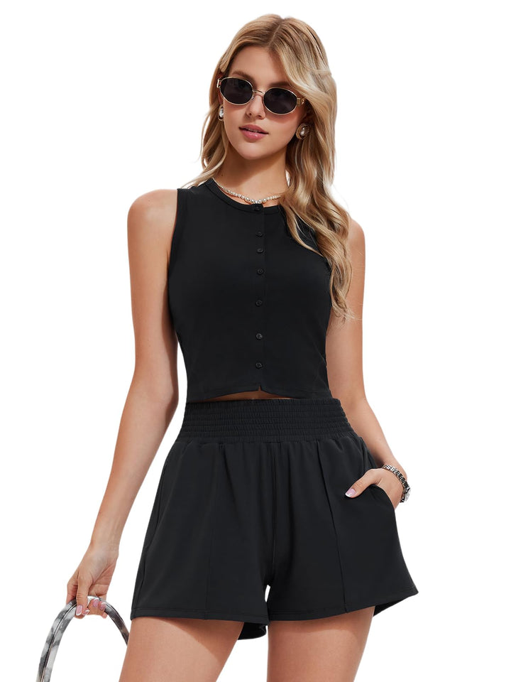 Women’s Tennis Workout Set Crop Button Down Top High Waisted Athletic Shorts Golf Pickleball Outfit with Pockets