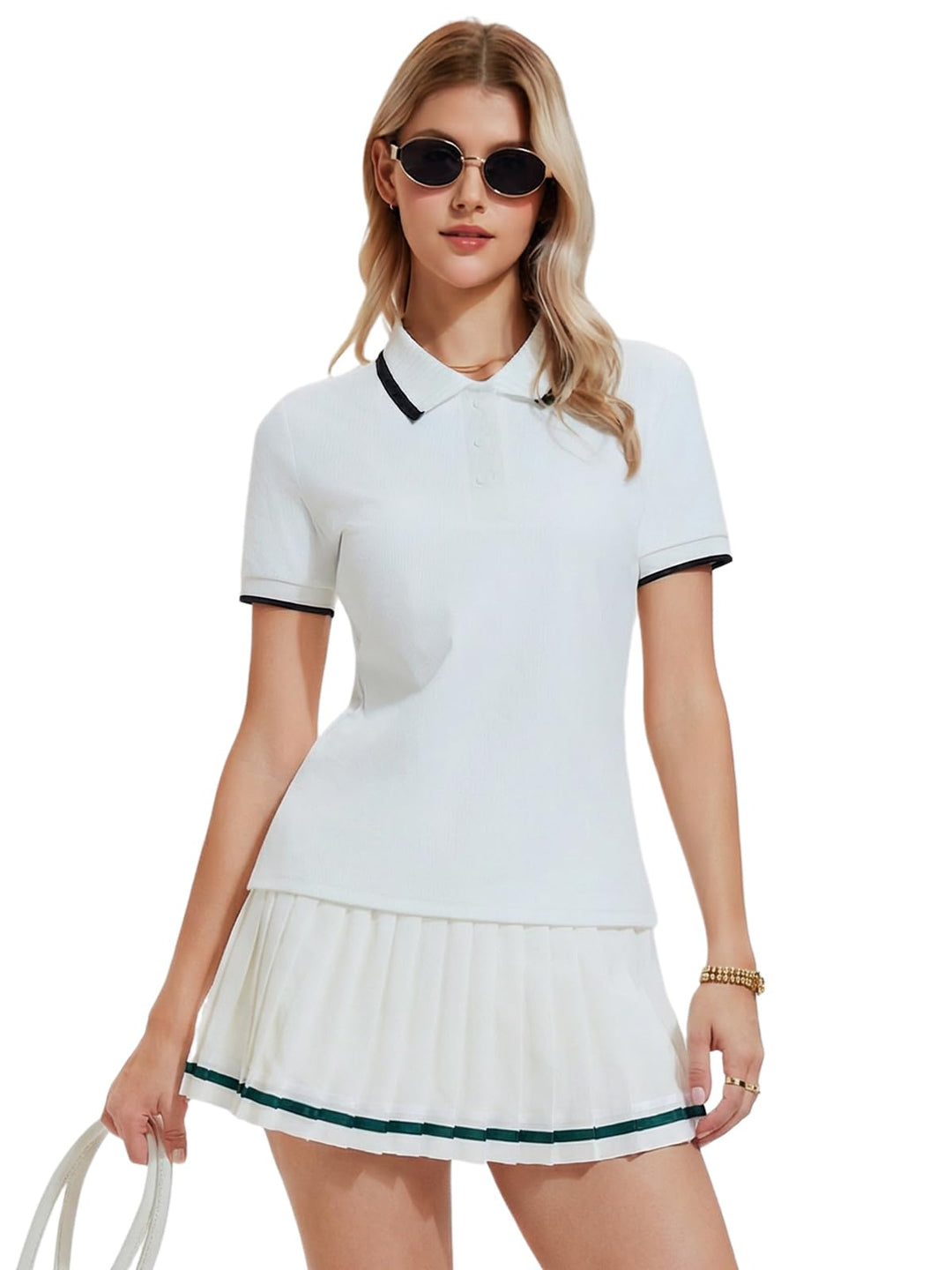 IUK Womens 2 Piece Tennis Skirt Set Polo Pleated Skort with Pockets Golf Pickleball Badminton Athletic Workout Outfit