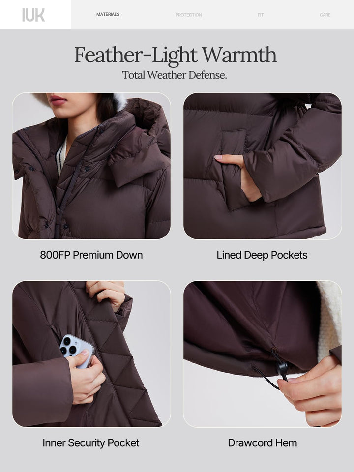 IUK 800 Fill Short Down Puffer Jacket, Relaxed Fit Lightweight Ski Winter Jacket &amp; Coat Snap Button Puffy Cropped Outerwear