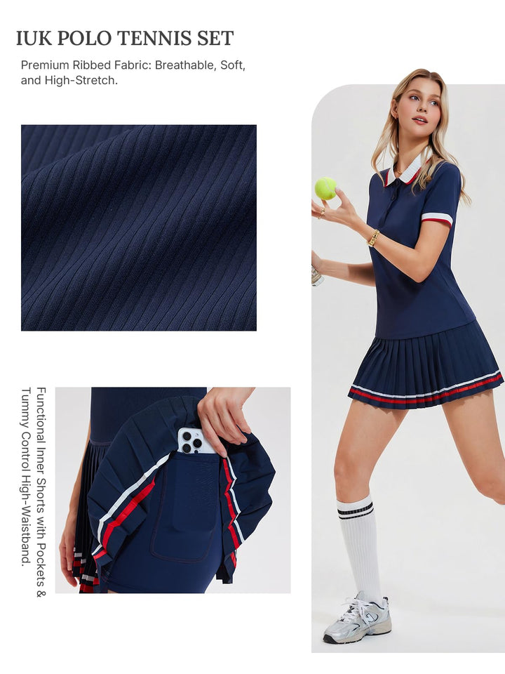 IUK Womens 2 Piece Tennis Skirt Set Polo Pleated Skort with Pockets Golf Pickleball Badminton Athletic Workout Outfit