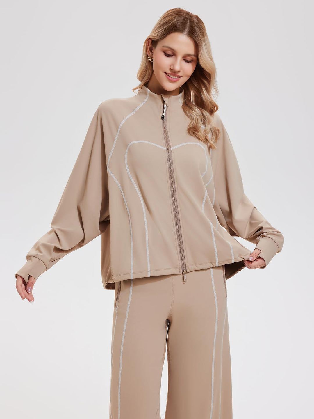 IUK Tall Women’s 2 Piece Athleisure Lounge Set, Oversized Zip Up Jacket &amp; High Waisted Wide Leg Pants, Matching Active Outfit