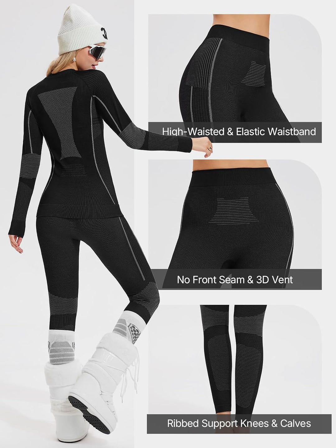 Two Piece 7% Merino Wool Blend Base Layer Set Thermal Underwear Skiing Cold Weather Quick-Dry Moisture Wicking Breathable