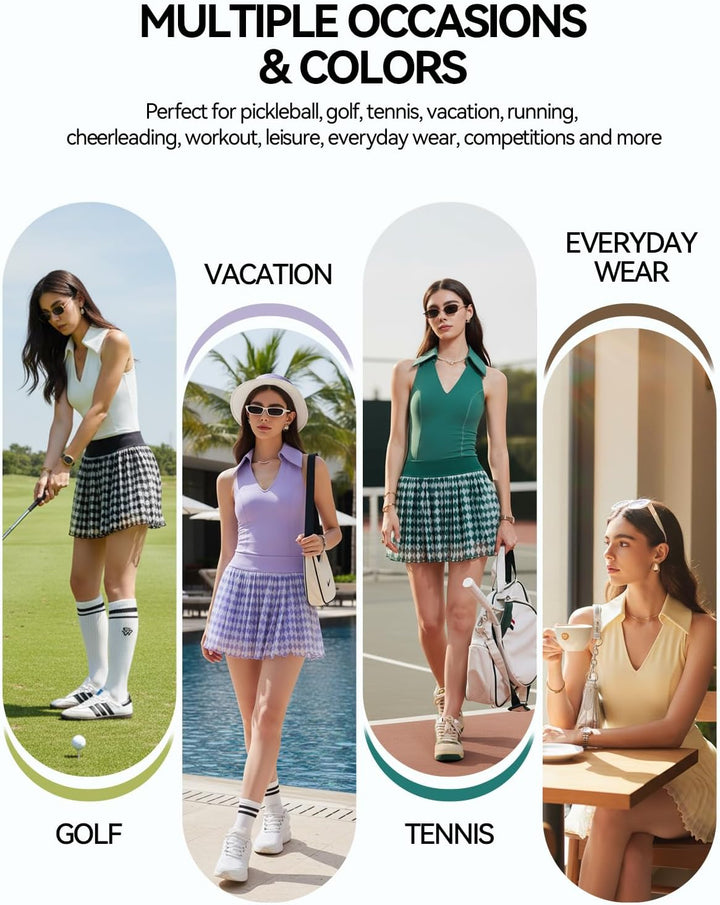 Women 2 Piece Tennis Skirt Set, Tennis Dress Sleeveless Top Golf Outfit Pickleball Athletic Dress with 4 Pockets