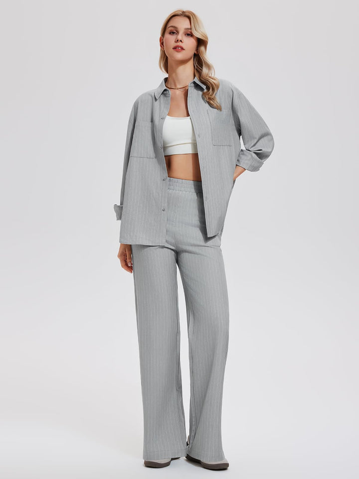 IUK Women’s 2 Piece Pinstripe Oversized Button Down Blouse &amp; Straight Leg Pants Travel Casual Workwear Lightweight Breathable