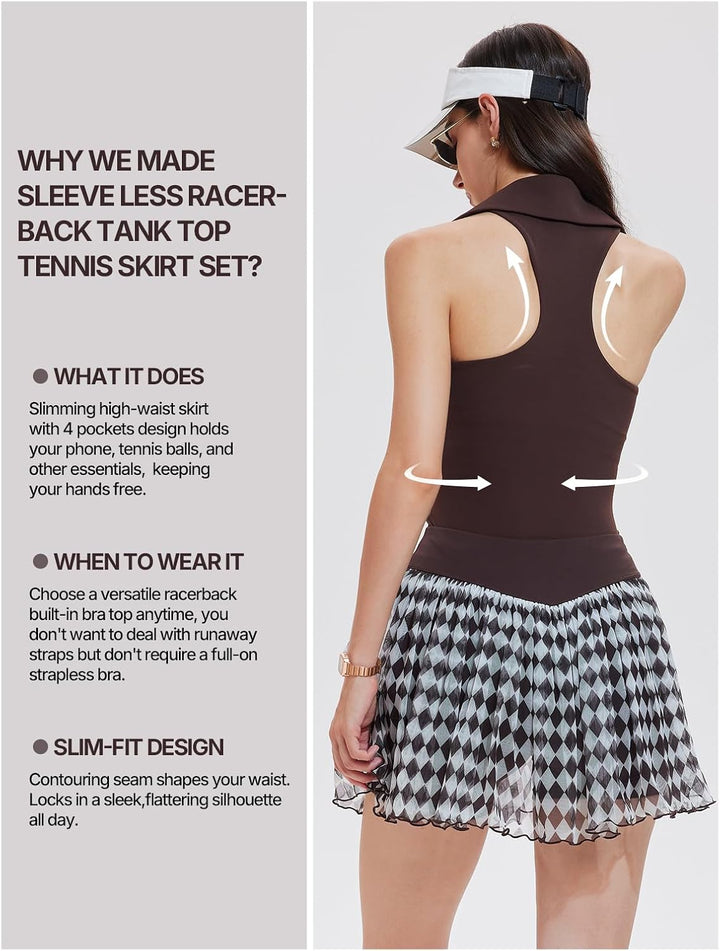 Women 2 Piece Tennis Skirt Set, Tennis Dress Sleeveless Top Golf Outfit Pickleball Athletic Dress with 4 Pockets