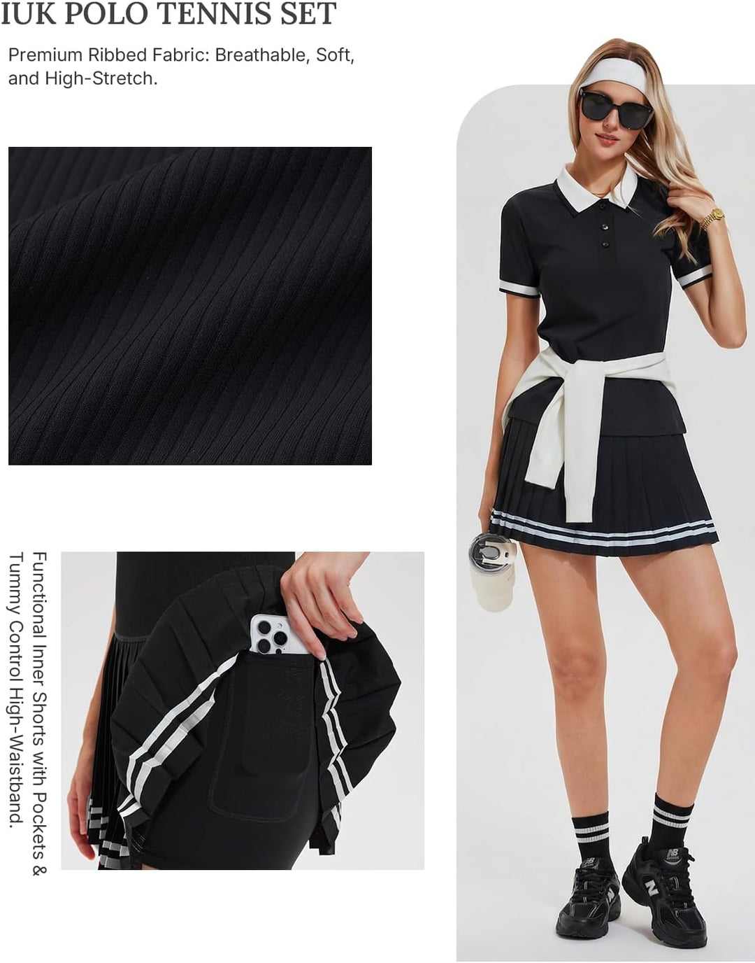 Womens 2 Piece Tennis Skirt Set Polo Pleated Skort with Pockets Golf Pickleball Badminton Athletic Workout Outfit