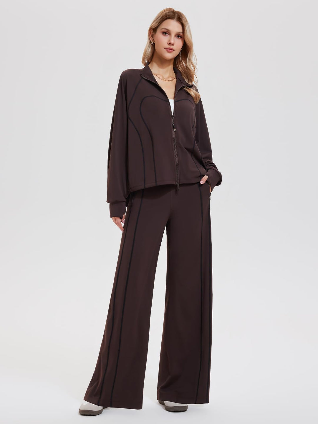 IUK Tall Women’s 2 Piece Athleisure Lounge Set, Oversized Zip Up Jacket &amp; High Waisted Wide Leg Pants, Matching Active Outfit