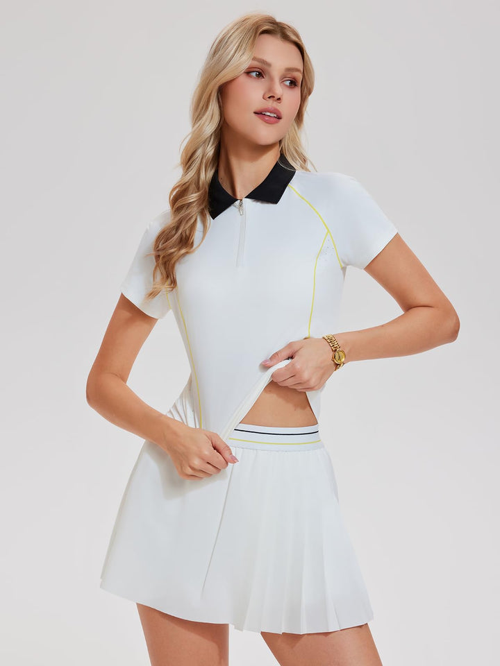 Women’s Tennis Outfit 2 Piece Half-Zip Polo Shirt &amp; Pleated Skirt Set Athletic Golf Pickleball Skort with Shorts and Pockets