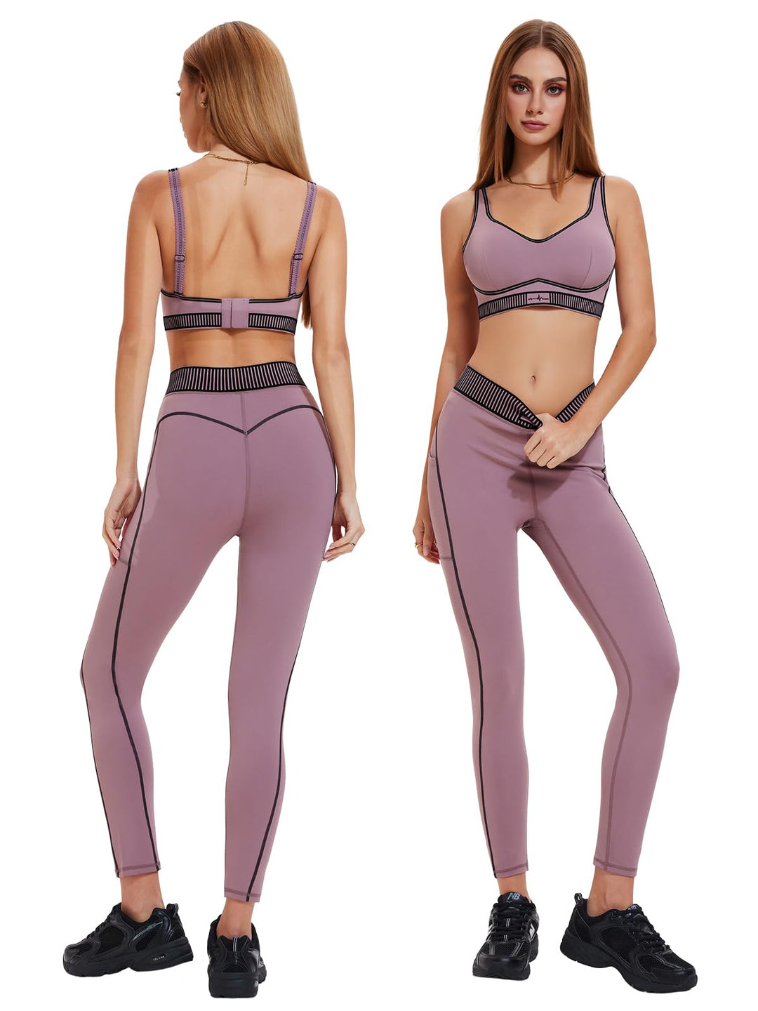 IUK Workout Sets for Women 2 Piece Matching Set Sport Plunge V Neck Bra Legging with Pockets Gym Travel Outfits Yoga Athletic