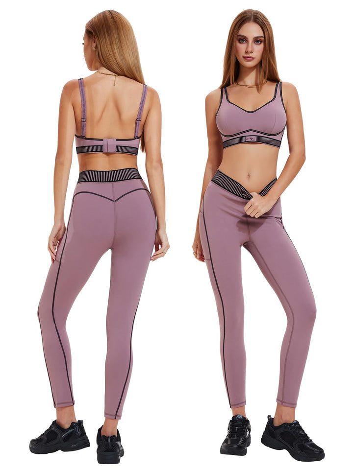 IUK Workout Sets for Women 2 Piece Matching Set Sport Plunge V Neck Bra Legging with Pockets Gym Travel Outfits Yoga Athletic