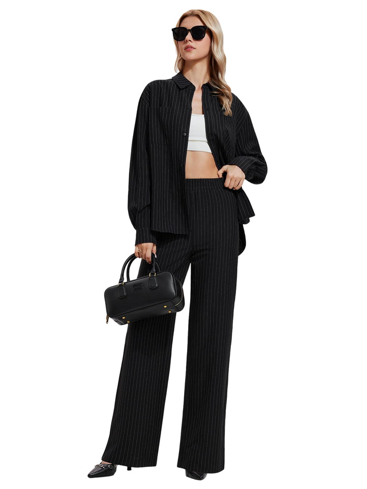 IUK Women’s 2 Piece Pinstripe Oversized Button Down Blouse &amp; Straight Leg Pants Travel Casual Workwear Lightweight Breathable