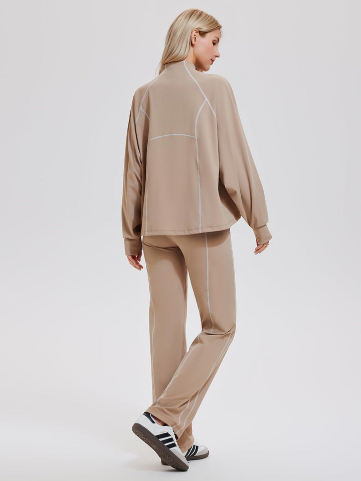 IUK Women’s 2 Piece Athleisure Lounge Set, Oversized Zip Up Jacket &amp; High Waisted Straight Leg Pants, Matching Outfit