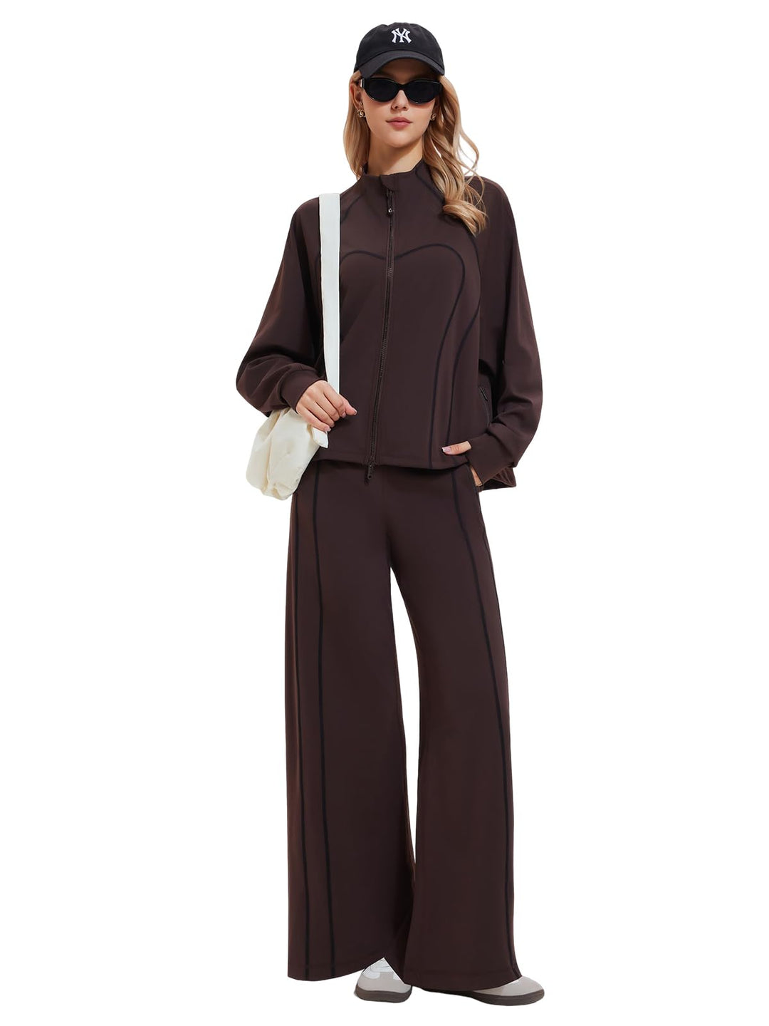 IUK Tall Women’s 2 Piece Athleisure Lounge Set, Oversized Zip Up Jacket &amp; High Waisted Wide Leg Pants, Matching Active Outfit