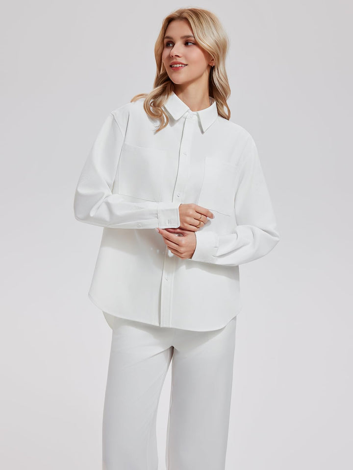 IUK Women’s 2 Piece Pinstripe Oversized Button Down Blouse &amp; Straight Leg Pants Travel Casual Workwear Lightweight Breathable