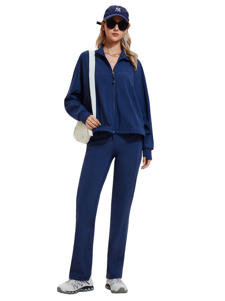 IUK Women’s 2 Piece Athleisure Lounge Set, Oversized Zip Up Jacket &amp; High Waisted Straight Leg Pants, Matching Outfit