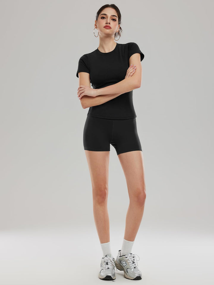 Women’s 2 Piece Workout Set, Slim Fit Crew Neck T Shirt &amp; High Waisted 4 Inch Athletic Shorts, Matching Activewear Outfit
