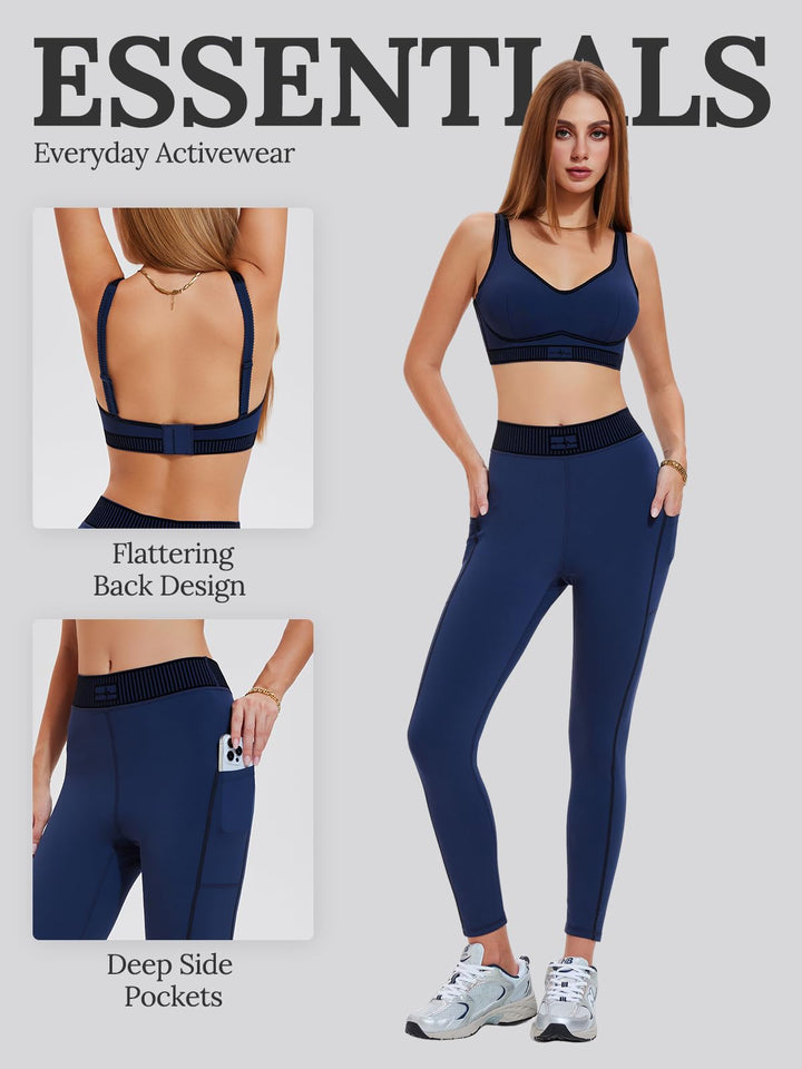 IUK Workout Sets for Women 2 Piece Matching Set Sport Plunge V Neck Bra Legging with Pockets Gym Travel Outfits Yoga Athletic