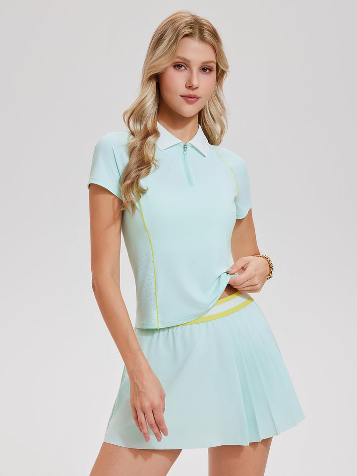 Women’s Tennis Outfit 2 Piece Half-Zip Polo Shirt &amp; Pleated Skirt Set Athletic Golf Pickleball Skort with Shorts and Pockets