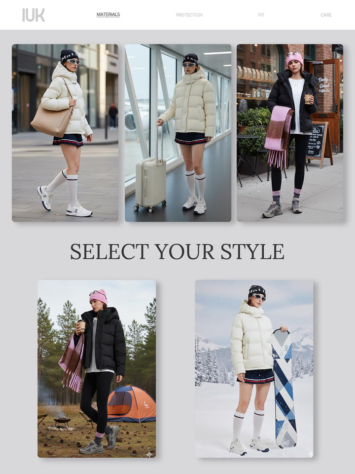IUK 800 Fill Short Down Puffer Jacket, Relaxed Fit Lightweight Ski Winter Jacket &amp; Coat Snap Button Puffy Cropped Outerwear