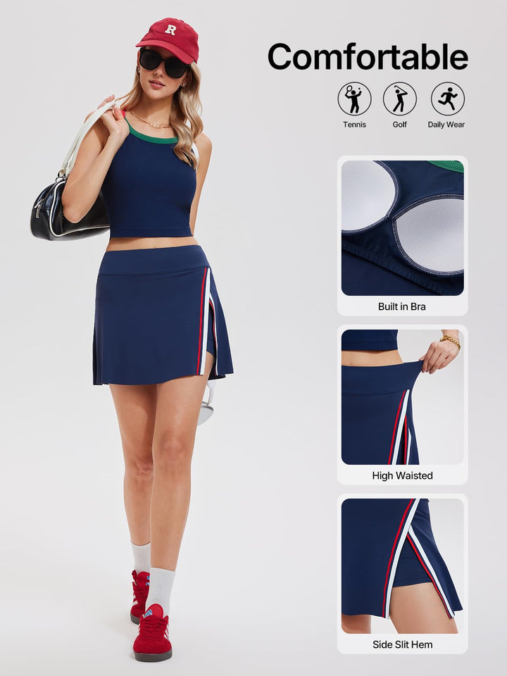 Women’s 2 Piece Tennis Skirt Set Athletic Side Slit Skort with 4 Pockets &amp; Padded Racerback Crop Top for Pickleball Golf
