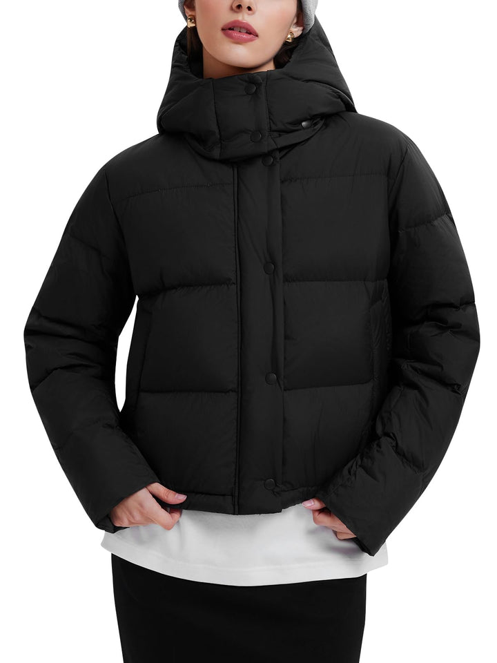 IUK 800 Fill Short Down Puffer Jacket, Relaxed Fit Lightweight Ski Winter Jacket &amp; Coat Snap Button Puffy Cropped Outerwear