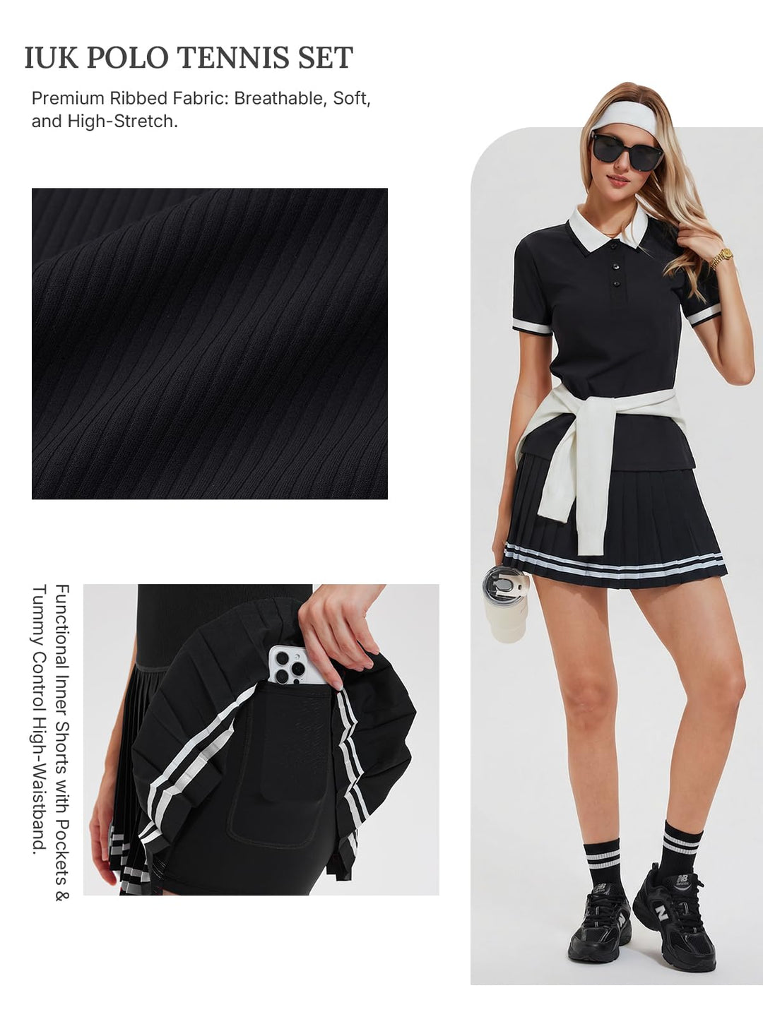 IUK Womens 2 Piece Tennis Skirt Set Polo Pleated Skort with Pockets Golf Pickleball Badminton Athletic Workout Outfit